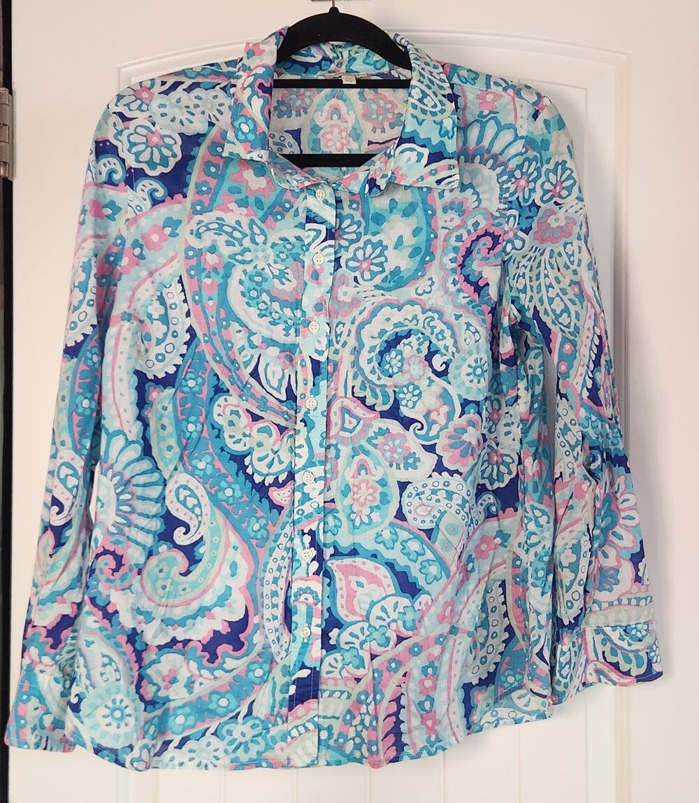 Talbots 100% Cotton Blue Pink Paisley Lightweight Button-Up Shirt Size L Petite